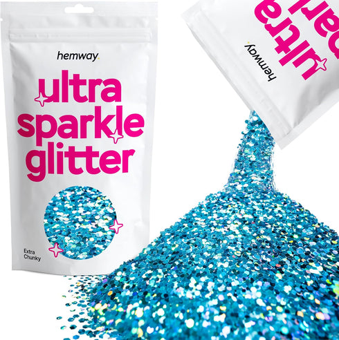 Hemway Premium Ultra Sparkle Glitter - Multi Purpose Metallic Flake for Arts Crafts - Ocean Blue Holographic - 100g