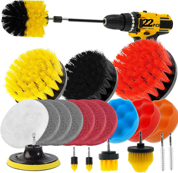 22 Pcs Drill Brush Attachments Set: Power Scrubber Brush Kit with Long Attachment, Sponge, Wire Brush & Scrub Pads