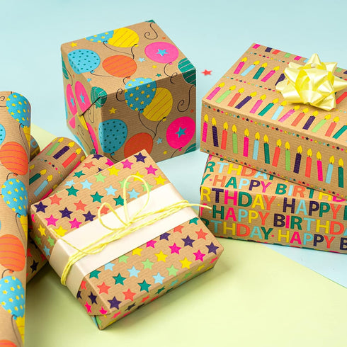 RUSPEPA Kraft Wrapping Paper Rolls - Mini Roll - 17 inches x 10 feet per Roll, Total of 4 Rolls, Colorful Birthday