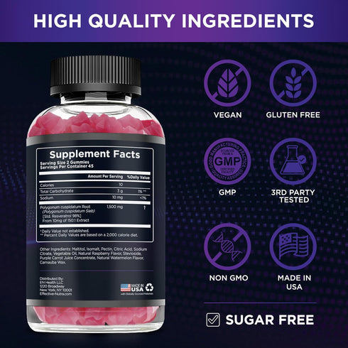 Resveratrol Gummies 1500mg - Sugar Free Supplement for Antioxidant Support, Immunity, Heart Health, Brain Function -