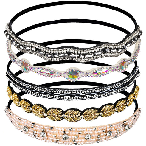 Teenitor 5pcs Rhinestone Beaded Headbands, No Slip Jeweled Hair Wraps for Women and Girls