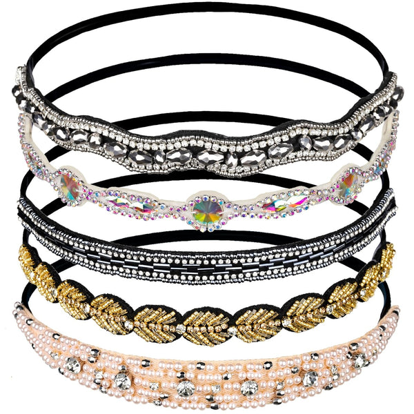 Teenitor 5pcs Rhinestone Beaded Headbands, No Slip Jeweled Hair Wraps for Women and Girls