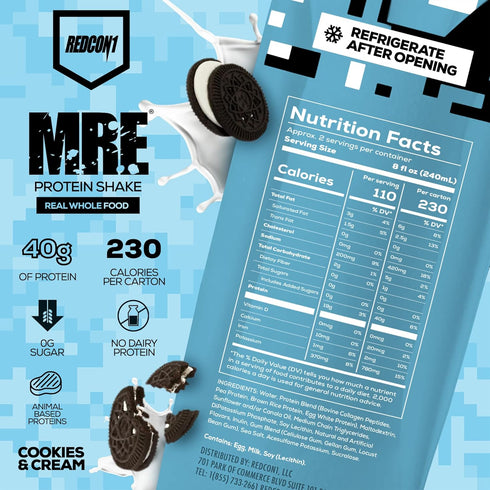 REDCON1 MRE Ready to Drink Protein Shakes, Cookies & Cream - 12 Pack Lactose & Whey Free Nutritional Shake