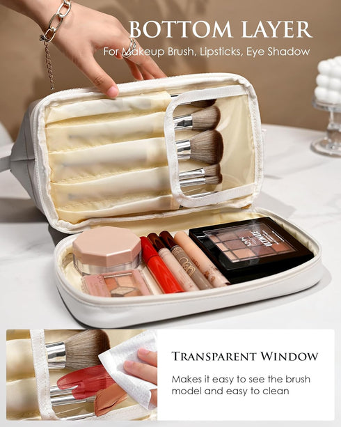 Birthday Gifts for Girls, Personalized Large Makeup Bag, Double Layer Cosmetic Bag with Brush Organizer, PU Leather