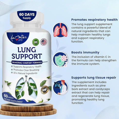 Lung Support Dietary Supplements, Herbal Breathing Support, 60 Capsules Non GMO for Lung Health