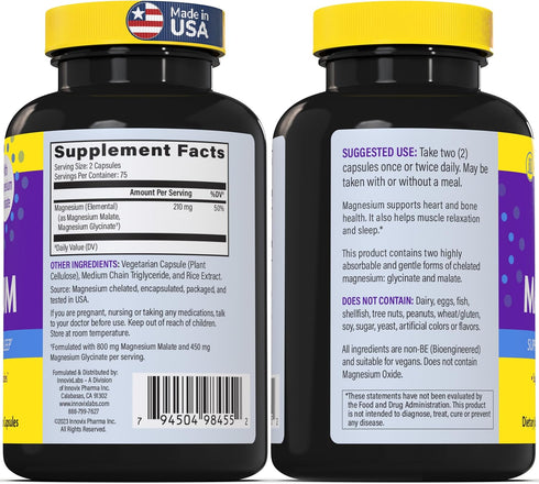InnovixLabs Advanced Magnesium Capsules - 150 Ct, 210 mg - Chelated Magnesium Glycinate and Malate for Relaxation