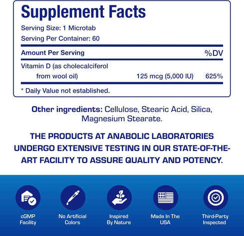 High Strength Vitamin D3 5000 IU - Clinical Formula Supplement for Men and Women for Bone, Teeth, Muscle, Mood and