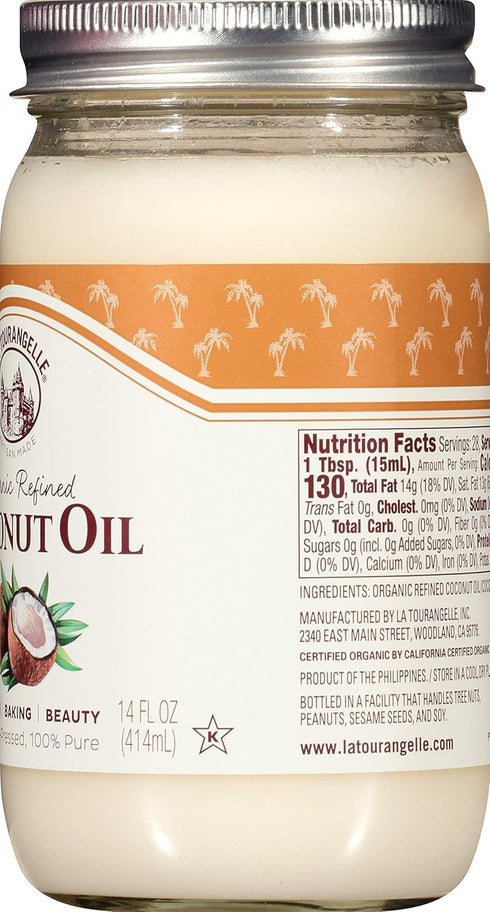 La Tourangelle Organic Refined Coconut Oil, Great for Cooking, Baking, Hair, Skin Care, 14 fl oz