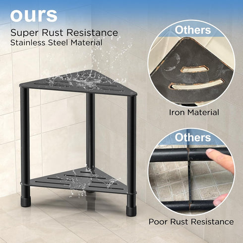 LarFaFa 15.4'' Stainless Steel Black Shower Stool for Inside Shower, H Shower Foot Rest, Corner Shower Stool