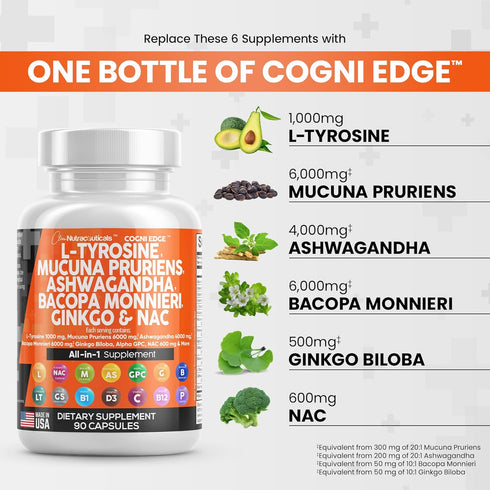 Clean Nutraceuticals L Tyrosine 1000mg, Mucuna Pruriens 6000mg, Focus Supplement with Ashwagandha, Ginkgo Biloba,