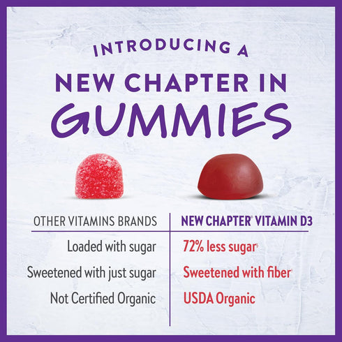 New Chapter Organic Vitamin D3+ Gummies, 1,000 IU, 60ct, Mixed Berry Flavor, Non-GMO, Gluten Free, ONE Daily Gummy for