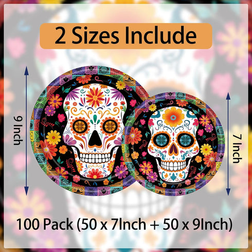 ZULYSTO 100 Pack (507" 509")-Disposable Set Day of the Dead Party Supplies Paper Plates + Plates for Halloween Party