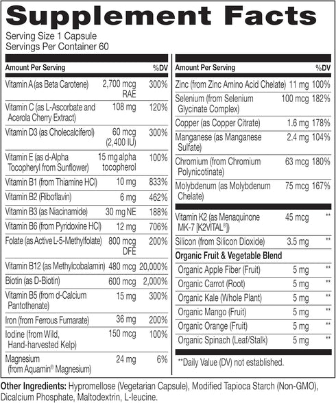 NATURELO Bariatric Multivitamin - One Daily with Iron, 60 Veggie Capsules for Post Gastric Bypass Surgery Patients