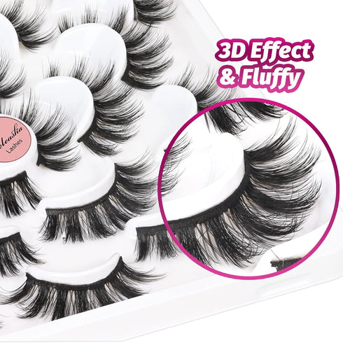 Veleasha 10 Pairs Natural Fluffy False Eyelashes - Soft Wispy 3D Faux Mink Lashes Pack (V07)