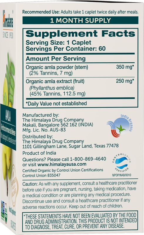 Himalaya Organic Amla Natural Antioxidant, 60 Caplets, 1 Month Supply for Immune Support