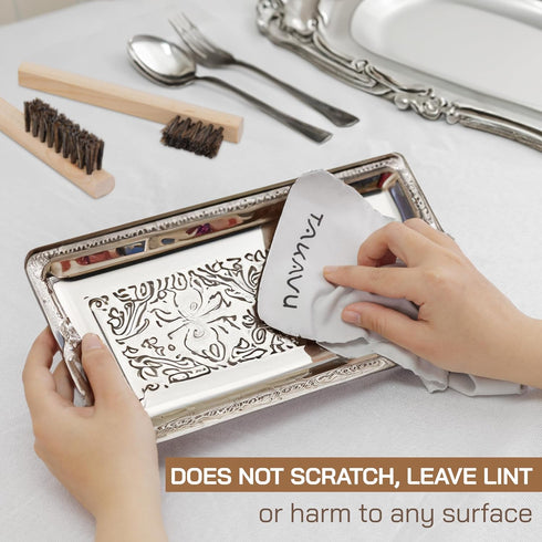 TAKAVU Horsehair Detail Brush Set, Silver Cleaning Brushes & Polish Cloth for Jewelry & Silverware