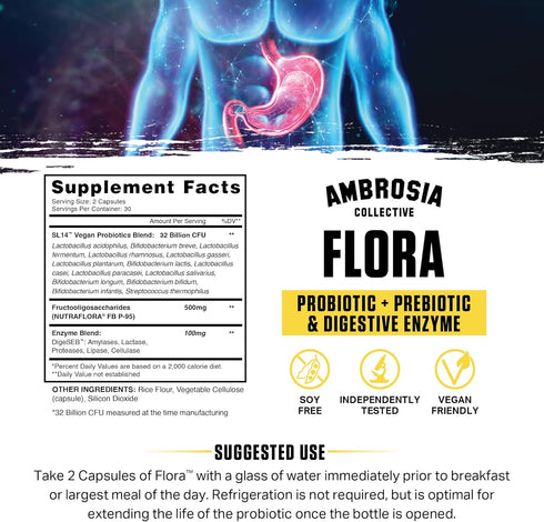 Ambrosia Flora Digestive Enzymes with Probiotics and Prebiotics, Plant-Based Gut Health Supplement, 32 Billion CFU,