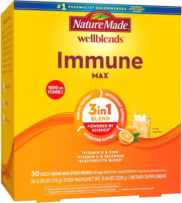 Nature Made Wellblends ImmuneMAX Fizzy Drink Mix, 30 Stick Packs - Vitamin C 1500mg, Zinc 15 mg, Vitamin D3 1000 IU, B