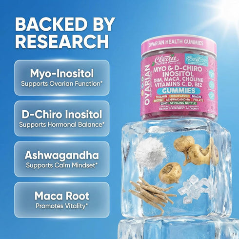 Gummies D3 B12 60 Count OVA Bloom Ovarian Support Myo Inositol D-Chiro Inositol Choline Flax Biotin Riboflavin Thiamin