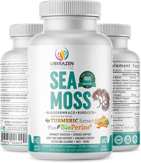 Organic Irish Sea Moss Pills, Wildcrafted Dr Sebi Inspired Seamoss Blend with Turmeric, Burdock Root & Bladderwrack