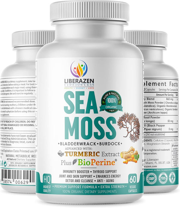 Organic Irish Sea Moss Pills, Wildcrafted Dr Sebi Inspired Seamoss Blend with Turmeric, Burdock Root & Bladderwrack