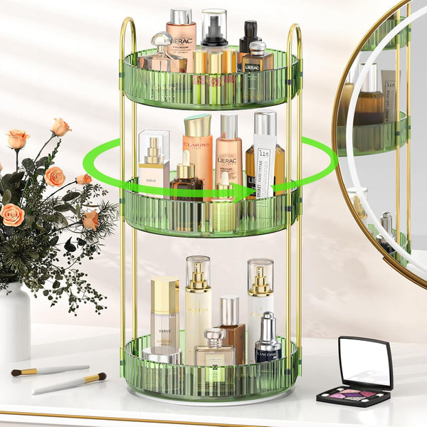 Mokani 360 Rotating Makeup Organizer, 3 Tier Adjustable Perfume Organizer for Vanity, Green