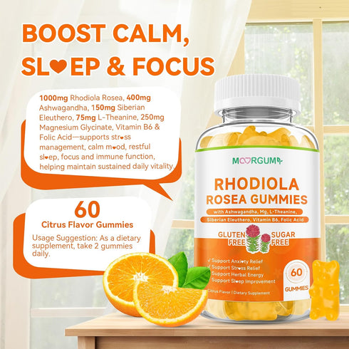 Gummies 60 Count Rhodiola Rosea for Adults & Kids-Adaptogenic Herb-Daily Wellness, Emotions, Slumber Support