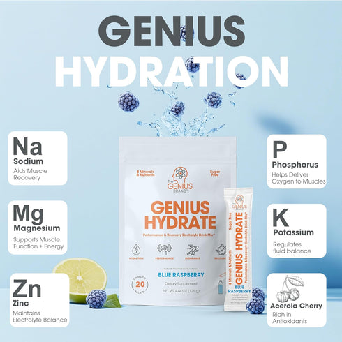 Pack 20 Packets The Genius Brand - Genius Hydrate Stick Powder Drink Mix Blue Raspberry Flavor, Natural Electrolyte