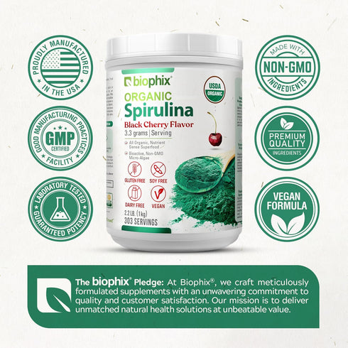 biophix Organic Spirulina Powder 2.2 lb Black Cherry Flavor - Nutrient-Dense Superfood, Protein-Rich & Powerful