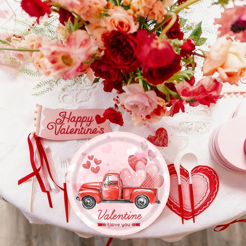 ZHUIGUANGZE 9 Inch (24 Valentine's Day Heart Disposable Paper Plates, Round Truck Love Print Pattern Dessert Plates