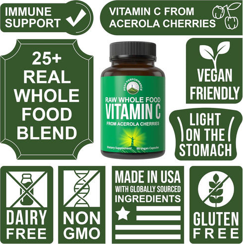 Peak Performance Raw Whole Food Natural Vitamin C Capsules from Acerola Cherry, Vegan USA Sourced, 90 Pills, 500 mg