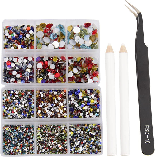 NCB 8000 Pcs Non Hotfix Rhinestones, 10 Sizes Flatback Crystal Glass with Tweezers for Nail Art & Crafts