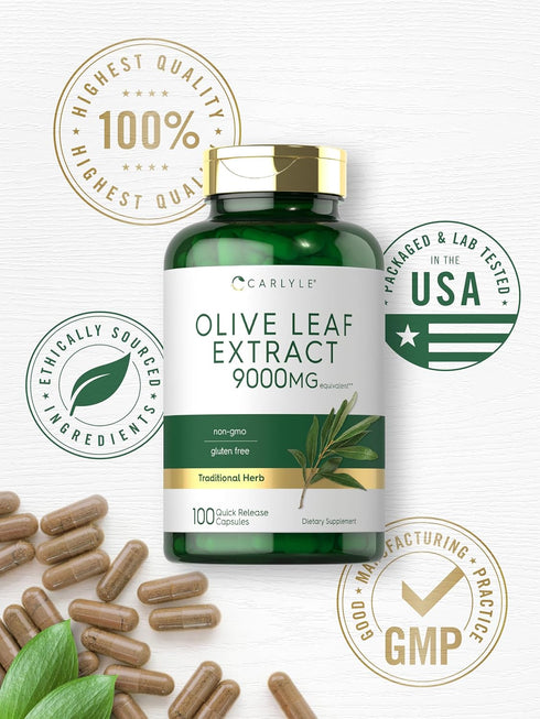 Carlyle Olive Leaf Extract Capsules, 9000mg, 100 Count, Non-GMO, Gluten Free High Potency Supplement