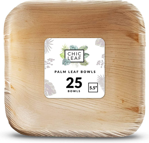 Chic Leaf Palm Leaf Bowls, 5.5 Inch 16oz Disposable Square Bowls, 100% Compostable for Weddings & Catering