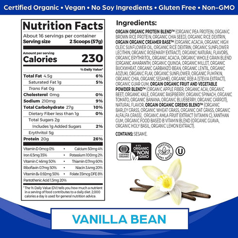 Orgain Organic Vegan Meal Replacement Protein Powder, Vanilla Bean, 20g Protein, 2.01lb