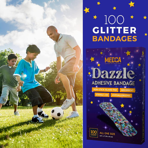 Glitter Bandages for Kids - 100 Count Box of Adhesive Strips with Colorful Glitter Design for First Aid