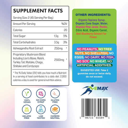 Vemax Gummies Immune Gummy Ashwagandha and Lions Mane Mushroom for Adults - Organic - Reishi, Maitake, Chaga