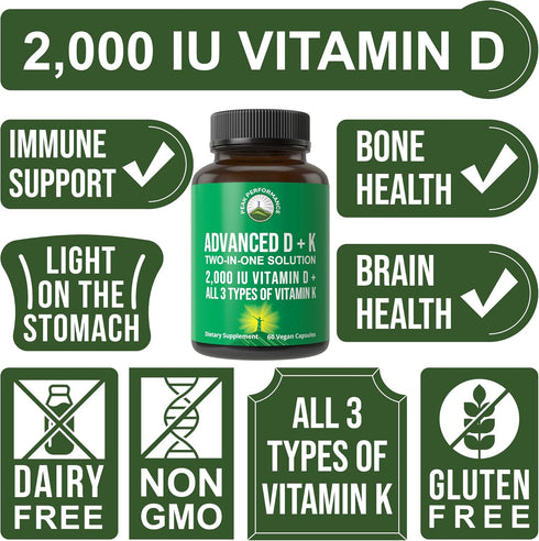 Peak Performance Advanced Vitamin D 2000 IU with Vitamin K1, K2, MK-7, MK-4, 60 Easy to Swallow Vegetable Pills