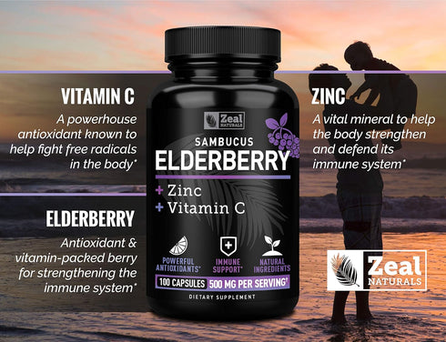 Zeal Naturals Max Strength Elderberry Capsules + Zinc + Vitamin C, 500mg for Immune System Support, 100 Count