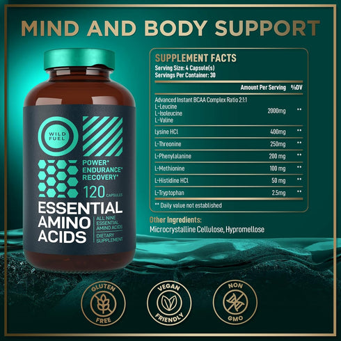 Essential Amino Acids Supplement - All 9 BCAAs Amino Acid Complex for Power & Recovery - 2 Pack 240 Vegan BCAA Capsules