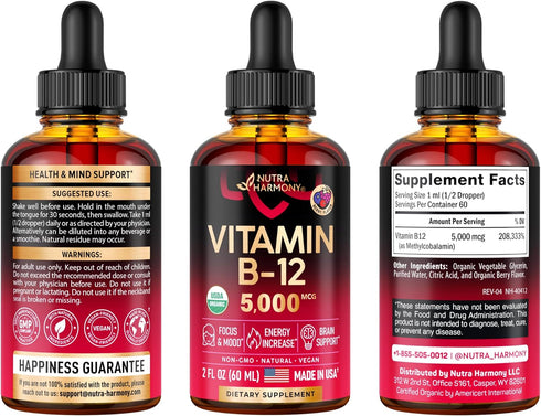 USDA Organic Vitamin B12 Sublingual Drops - 5000 mcg Liquid Vegan Methylcobalamin for Energy Boost, Focus & Mood