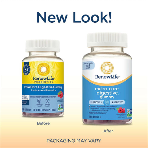 Renew Life Extra Care Digestive Prebiotic and Probiotic Gummies, Daily Supplement for Digestive and Immune Health, B. Coagulans and B. Subtilis, Dairy, Soy and gluten-free, 2 Billion CFU, 48 Count