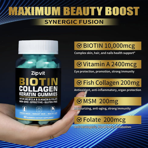 zipvit Gummies B1, B2, B3, B6, B7, 60 Gummy Biotin Collagen Hair Skin and Nails Vitamins for Women & Men Hair Growth