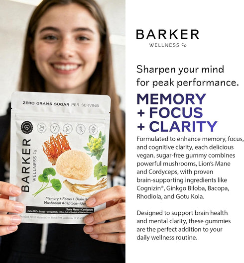 Gummies 60 Count Barker Wellness Mushroom Adaptogen for Memory & Focus, Brain Health Supplement with Lion's Mane