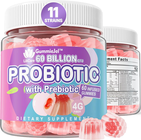 Sugar Free Probiotic Gummies - 60 Billion CFU, 11 Strains with Prebiotics Fiber for Digestive Health