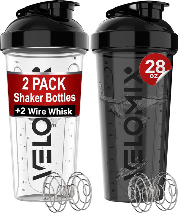 2 Pack 28 oz Protein Shaker Bottles - Leak Proof Shaker Cups for Protein Mixes with 2x Wire Whisk, Black & Transparent