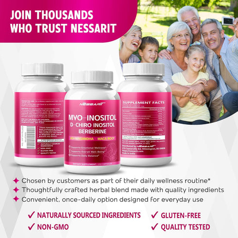 NESSARIT 150 Myo-Inositol, D-Chiro Inositol, Berberine, Ashwagandha & Maca Support Womens Health & Mood Balance