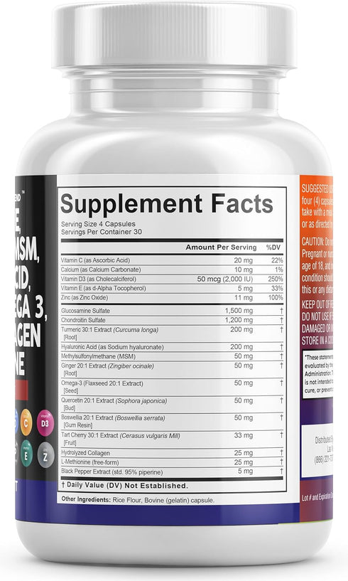 Clean Nutraceuticals Joint Support Supplement - Glucosamine Chondroitin MSM Turmeric with Omega 3 & 120 Count Capsules