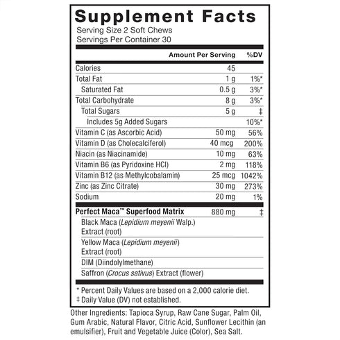 FORCE FACTOR Perfect Maca Supplement with Saffron, Maca Root, and DIM - Dark Cherry Flavor, 60 Soft Chews