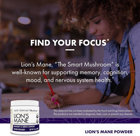 Immune 3.5 oz (66 Host Defense Lion's Mane Powder - Brain Health Support Supplement - Mushroom Supplement to Support